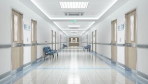 Empty hospital corridor with chairs lining the walls